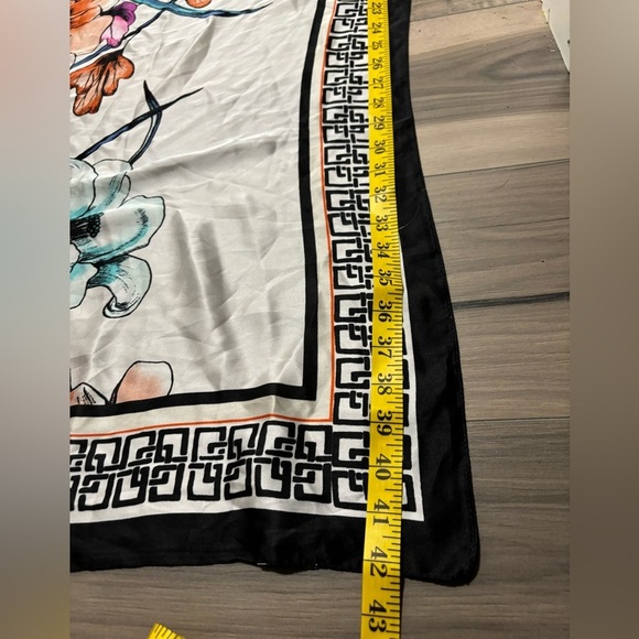 Chico's Square Scarf Floral Orange Pink Yellow Teal White Black Border - Picture 3 of 4